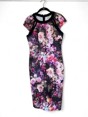 ECI New York Dress Sz 8 Floral Sheath with Black Cap Sleeves Trim Career Wear